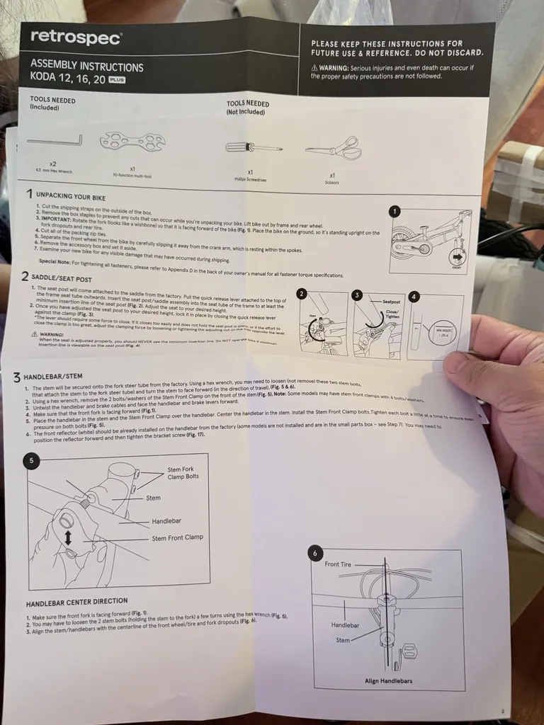 Retrospec Koda 12, 16, 20 Plus assembly instructions sheet showing tools needed and steps
