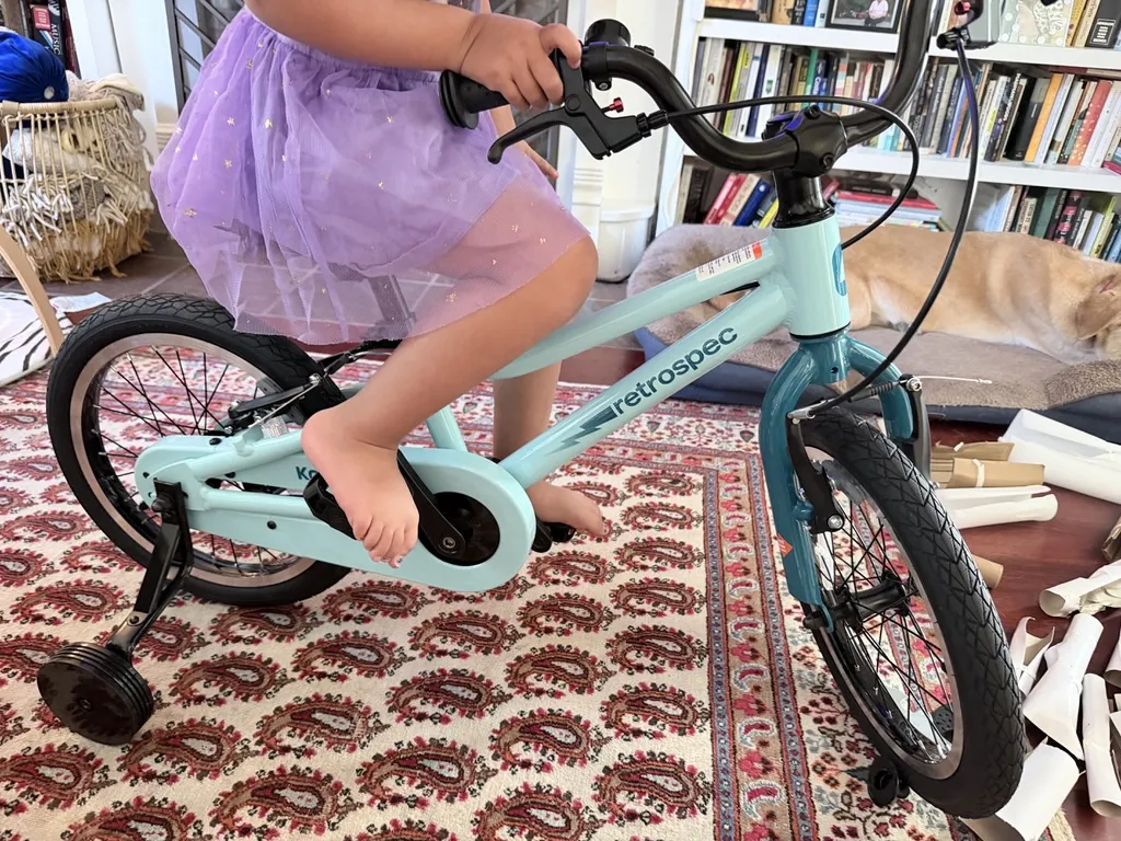 Child sitting on the Retrospec Koda Plus 16 indoors, hands on the grips