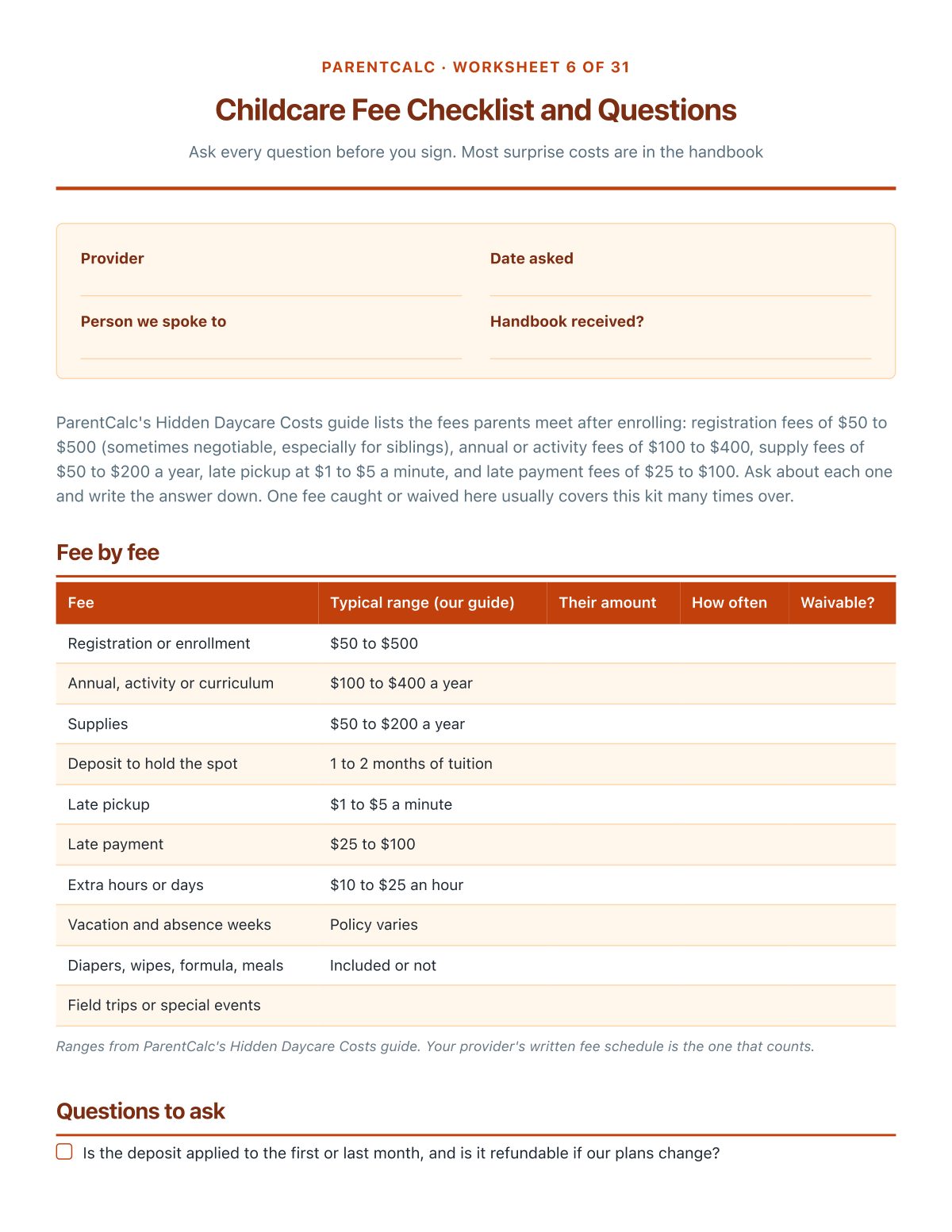 Every fee to ask about before you sign, with our guide's typical ranges