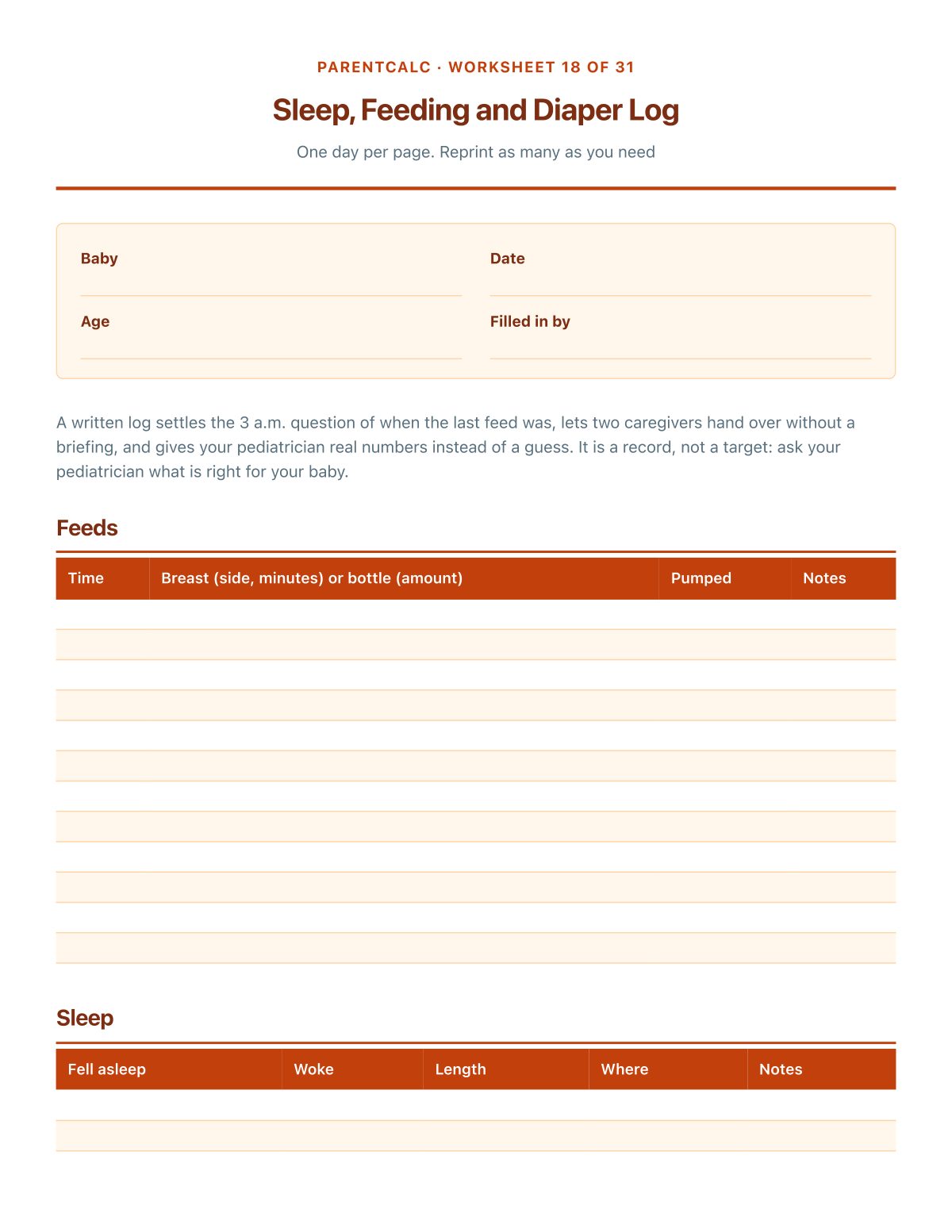 Sleep, feeding and diaper log: one day per page, reprint as needed